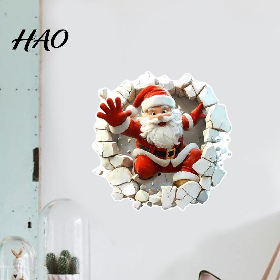 Self Adhesive Christmas Stickers for Door 3D Santa Wall Sticker, Decal, Realistic Breaking Through The Scratch Resistant Seasonal Decals Effect,
