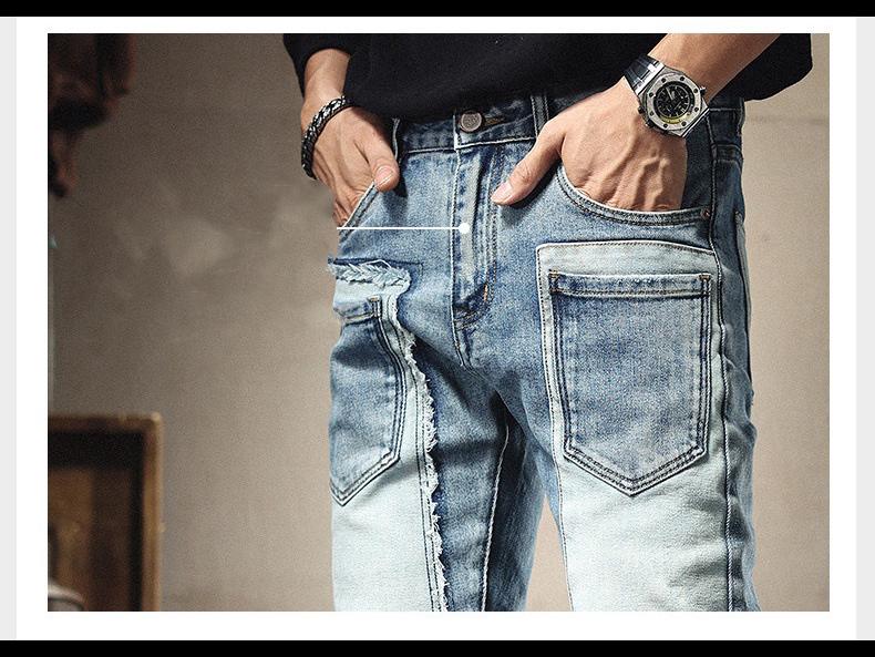 Мужские модные облегающие джинсы в стиле пэчворк с множеством карманов и контрастными цветными заплатками