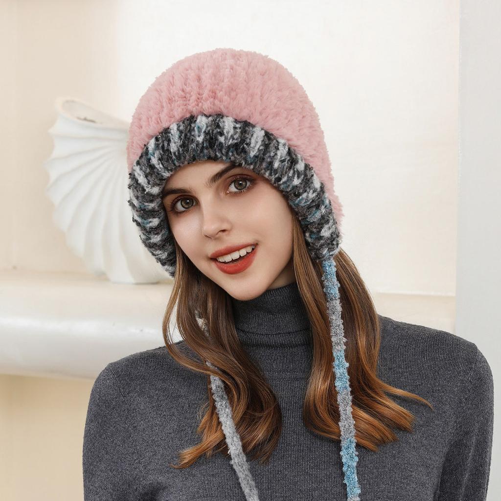 Thickened Plush Hat Autumn and Winter Cute Women's Knitted Hat Cold-proof and Warm Ear Protection Wool Hat Versatile and Small Face
