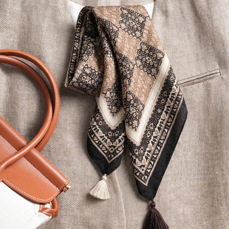 Silk Wool Double-Sided Heterochrome Ethnic Style Retro 70 Velvet Small Square Scarf Silk Scarf Women'S Warm Shawl Light Luxury Scarf Scarf