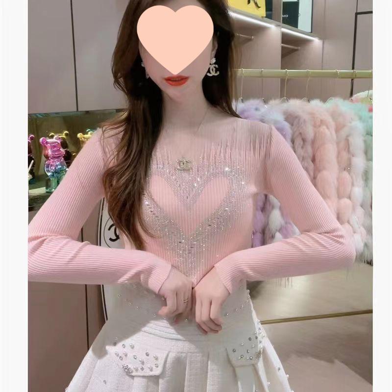 Элегантный сетчатый свитер со стразами - Женский универсальный шикарный топ с длинным рукавом