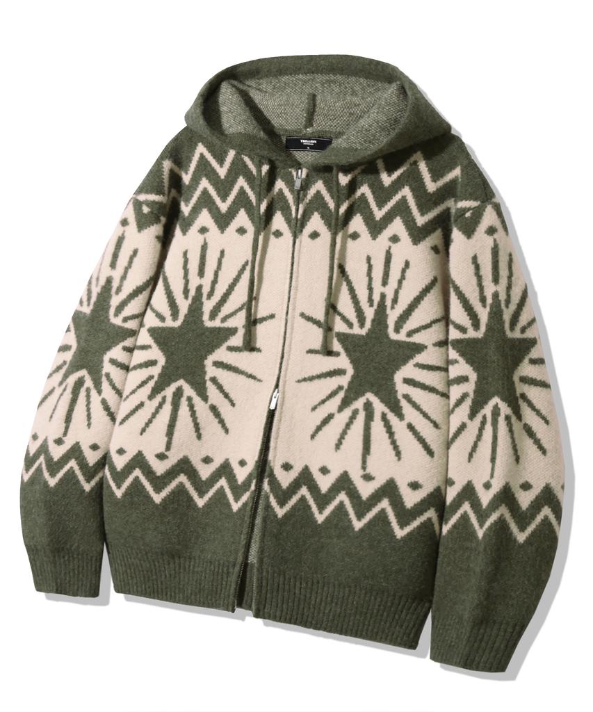TRILLION Washable Wool Star Nordic Hooded Zip-Up Knit_Khaki