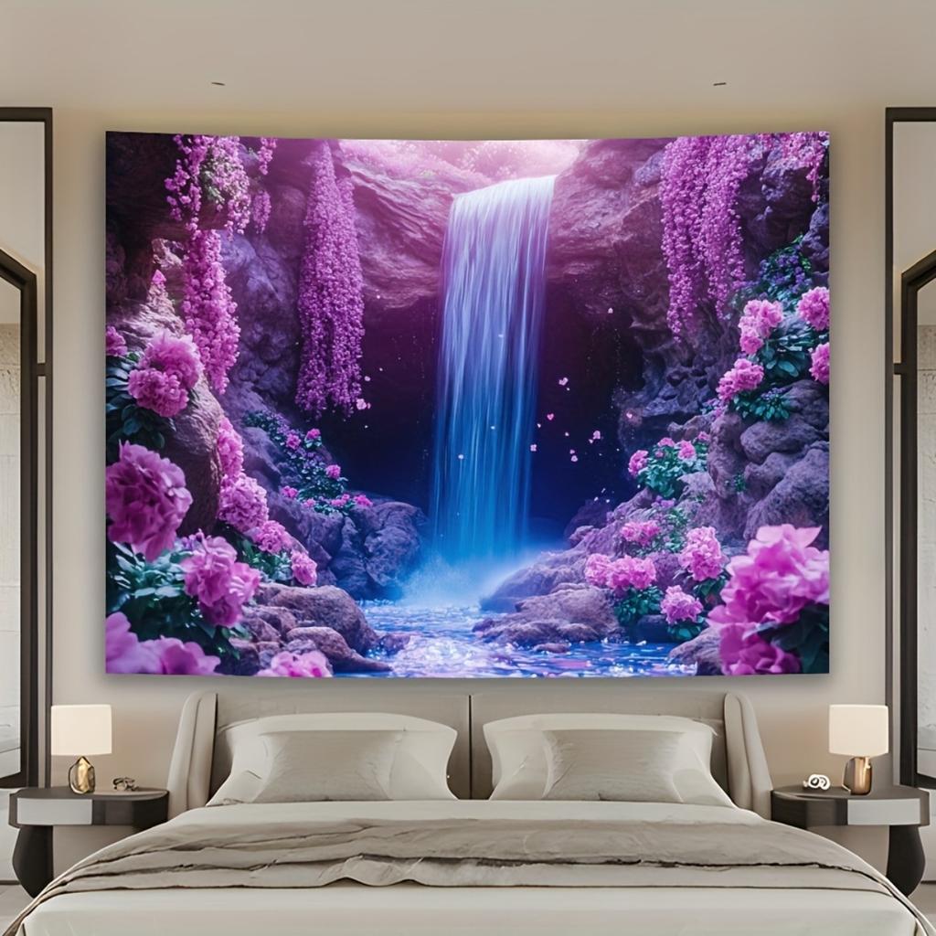 Large Waterfall Tapestry Floral Wallpaper Pink Purple Forest Nature Wall Decor Hanging Art Print Bedroom Bathroom