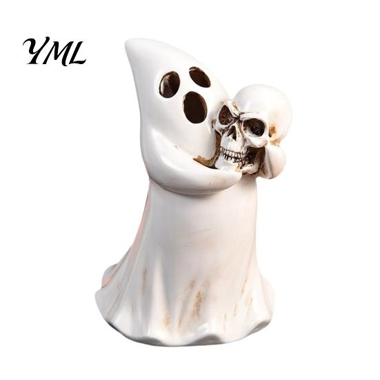 Halloween Festive Decorations Ghost Figurine with Skull, Resin Statue for Tabletop Decor, Decorative Light Holder Retro Gothic Ornament Home