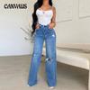 Spring Summer Women's Jeans Long High Waist Trousers Ripped Raw Edge Comfortable Wide Leg Pants
