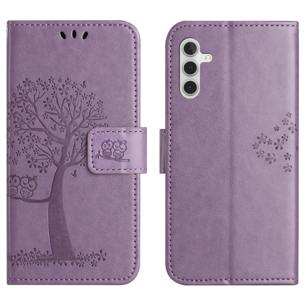 For Samsung Galaxy S25 FE Case PU Leather Owl Tree Imprinted Wallet Phone Cover with Strap