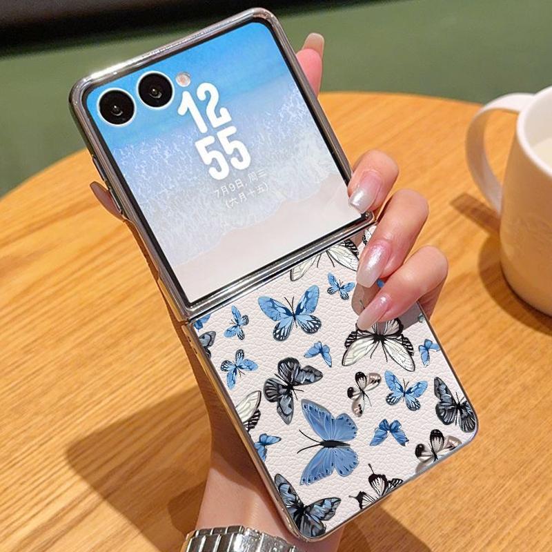 Butterfly Print PU Leather Phone Case For Samsung Galaxy Z Flip7 FE Flip6 Flip 7 6 5 5G Silver Plating Frame Hard Folding Cover