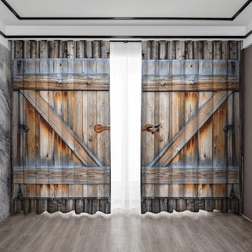 2PC Curtains, Western Cowboy Farm Decorated Wooden Doors With Pole Pocket Curtains, Suitable For Kitchens, Cafes, And Bedroom