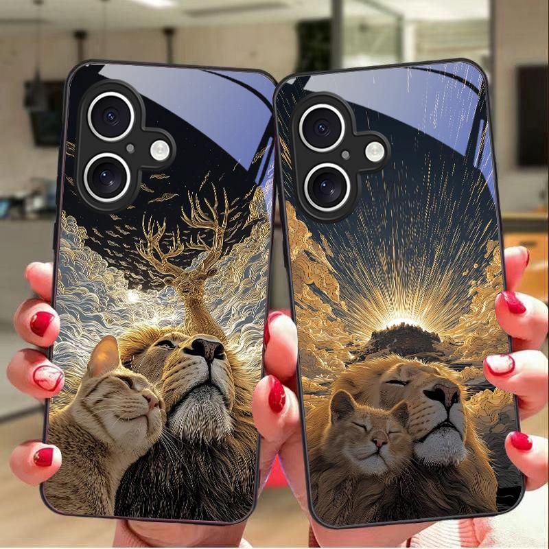 Милый кот и серый лев Для Для iPhone 17 Air 16E 15 14 13 Plus 12 mini 11 17 Pro Max XR Xs 7 8 Черный чехол для телефона из закаленного стекла