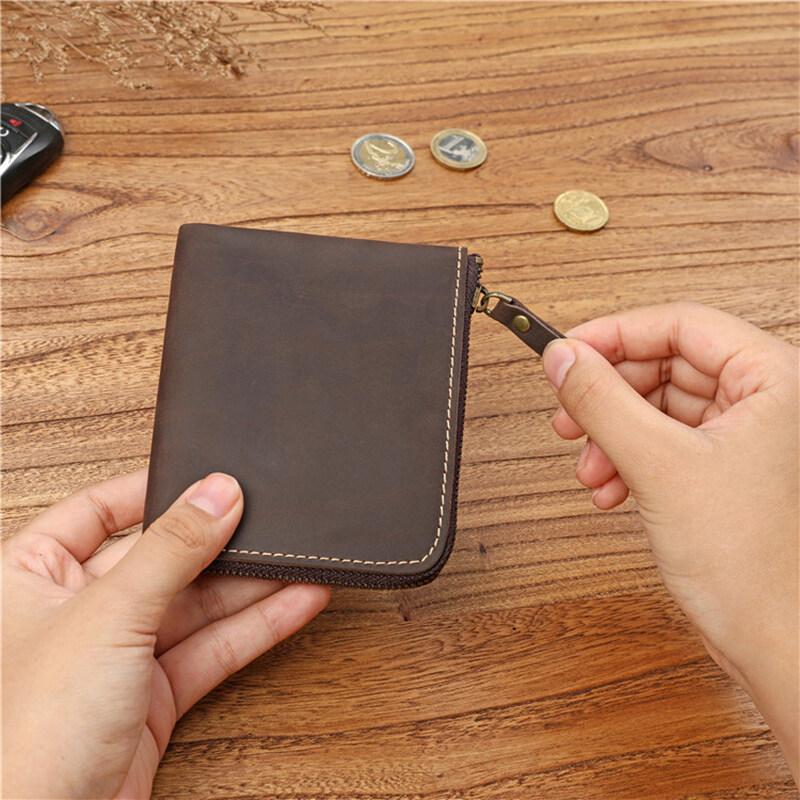 Crazy Horse Leather Handmade Wallet Retro Small Coin Money Bags Simple Wallets Zipper Pouch Card Holdes