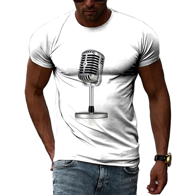 Summer Fashion Music Element Pattern T-shirt Hip-Hop Trend Microphone  Printing Tops Casual Novelty Men's Short Sleeved Clothing