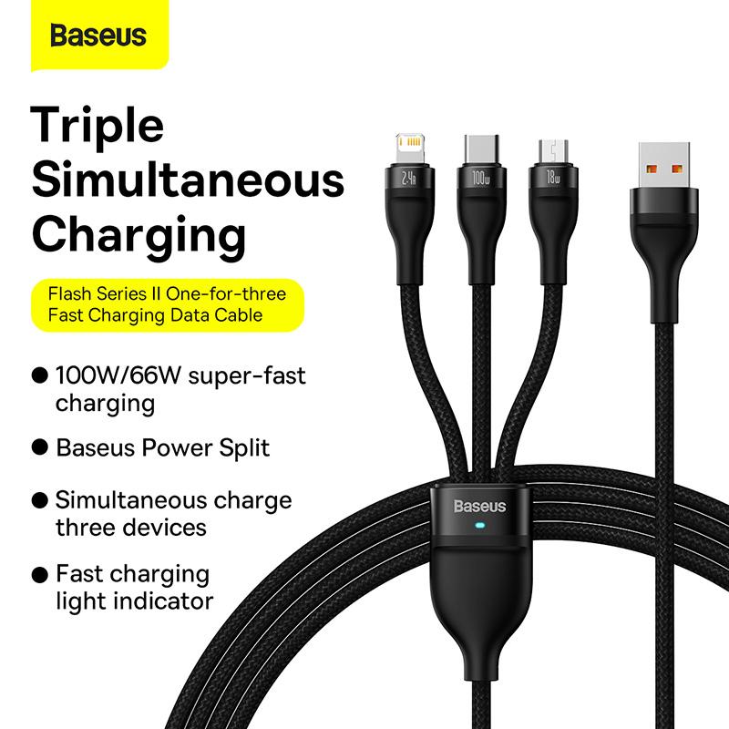Baseus Flash Series One-for-three Fast Charging Data Cable USB To M+L+C 100W