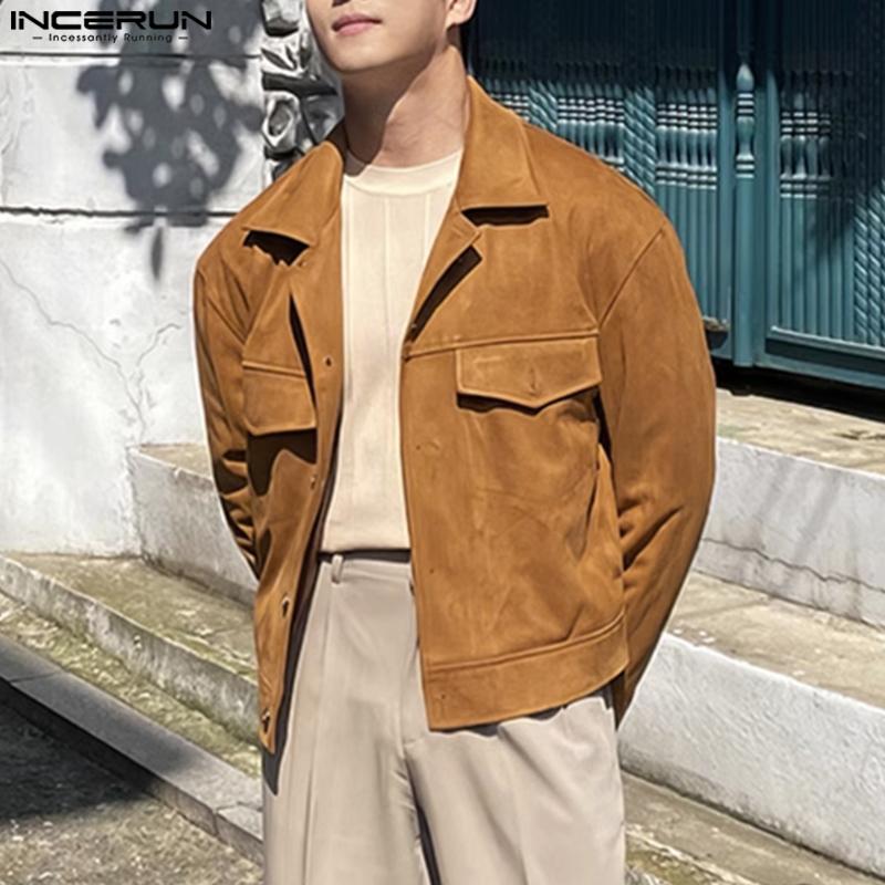 INCERUN Men Lapel Neck Long Sleeve Buttons Up Motorcycle Style Suede Jackets Coats