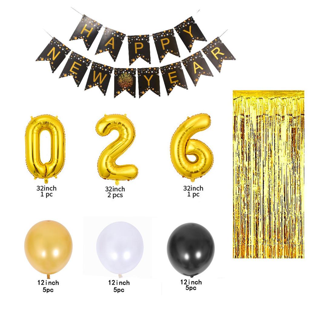 Balloon New Year Black Gold Letter Balloon Set, New Year Happynewyear Party Decorations