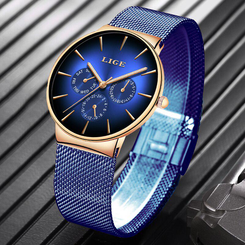 Мужские кварцевые часы LIGE в золотистом корпусе, на сетчатом браслете. Подарочная упаковка