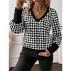 YYFS Women's Fashion Casual Spring Fall Houndstooth Print Long Sleeve V-Neck Blouses & Shirts