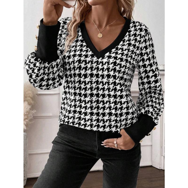 YYFS Women's Fashion Casual Spring Fall Houndstooth Print Long Sleeve V-Neck Blouses & Shirts