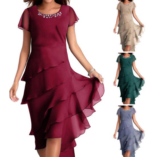 Женское элегантное платье с круглым вырезом и декором из бисера, платье миди с короткими рукавами, многослойное платье с тортом и подолом, струящееся платье для вечеринки, свадьбы, гостя