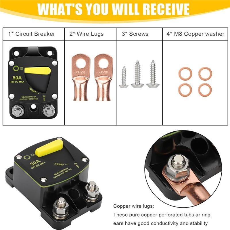 BAAU 50Amp Circuit Breaker W/Manual Reset Switch DC 12-48V High Amperage,W/Wire Lugs Copper Washer For Car Audio RV Marine Durab
