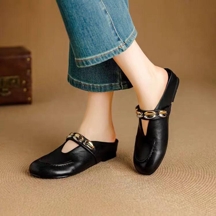 Huge comfortable French leather bag head half slippers women's summer wear 2025 new flat bottom inner height increase sandals women's shoes