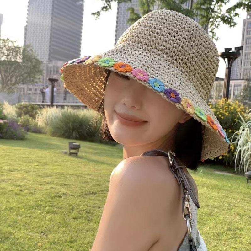 Feminine Flower Straw Fisherman Hat Summer Sun Protection Wide Brim Breathable for Beach Vacation