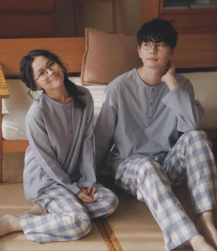 Euyqs Хлопковая пижама с длинным рукавом, топ хенли и одежда для дома, комплект в светло-голубую клетку, брюки, (JP, Алфавит, XL, Узор)