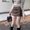 Женская мини-юбка А-силуэта из ПУ-кожи кофейного цвета, для миниатюрных, с высокой талией, текстурированная, облегающая бедра, осенний стиль.