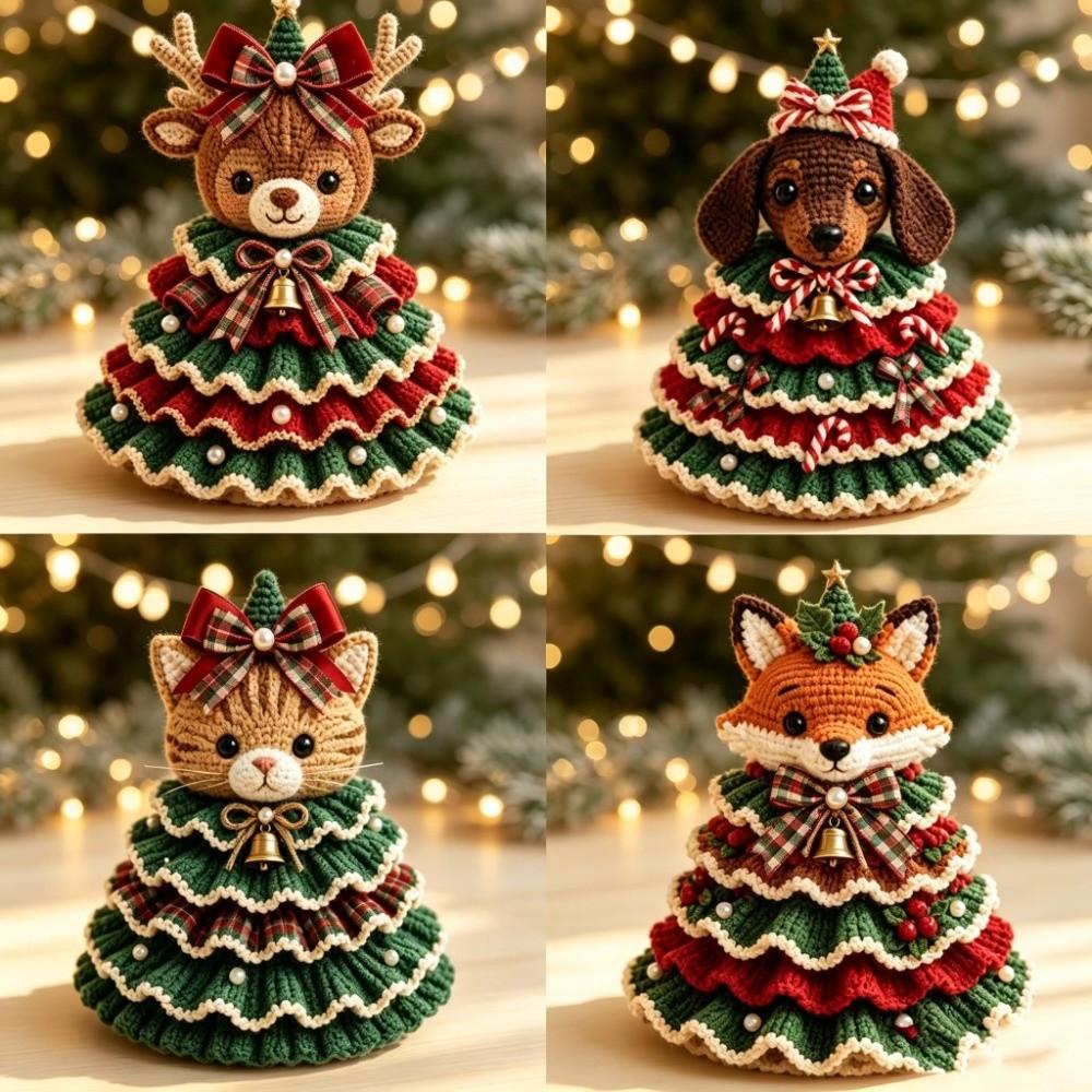 Cartoon Crochet Animal Christmas Tree Kit with Bow with Beads Bell DIY Yarn Crochet Tree Set Owl and Kitten Ruffled Lace