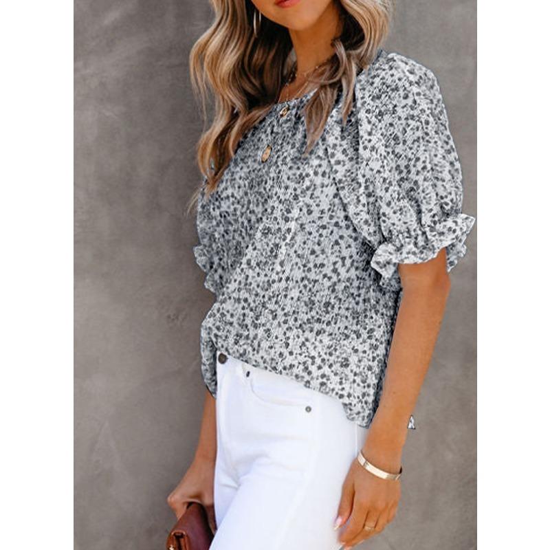 YYFS Женские модные повседневные летние весенние блузки и рубашки с цветочным узором и коротким рукавом с круглым вырезом