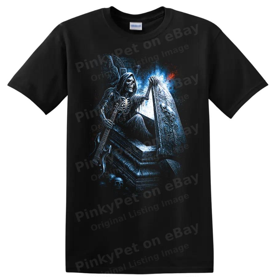 Grim Reaper Skull T Shirt w/ Coffin Gothic Horror Art Halloween Graphic Dark Tee