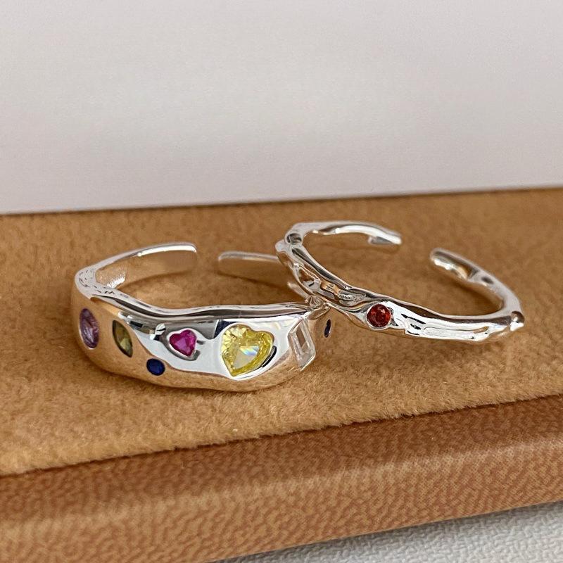 Color Zircon Love Ring Women's Light Luxury Niche Design Sense Retro Heart-shaped Index Finger Ring Adjustable Ring