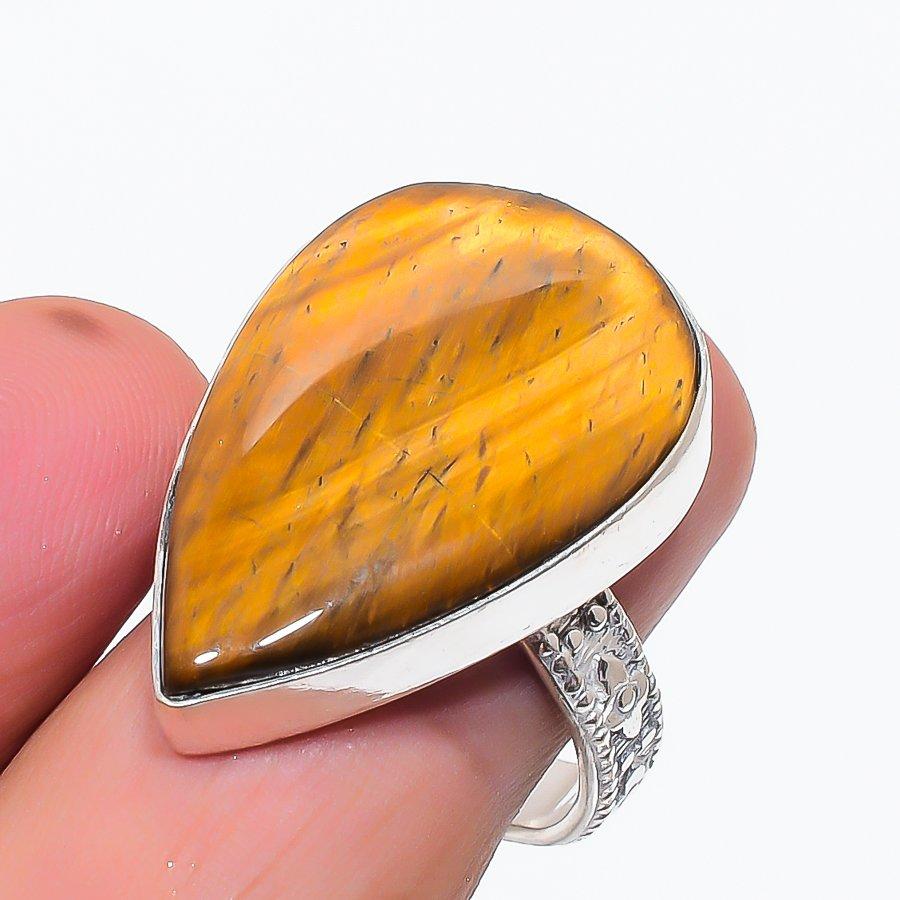 Natural Tiger Eye Gemstone 925 Sterling Silver Jewelry Ring Size 8.5 T0B61