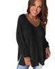 Black Waffle Knit Side Slits Loose Fit V Neck Top