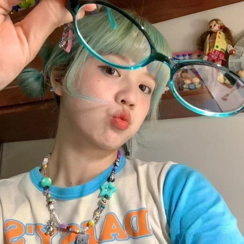 Женские ретро овальные очки Y2K японские и корейские девушки красная зеленая оправа стекло очки декоративные компьютерные очки с защитой от синего света