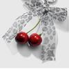 Leopard Pattern Cherry Pendant Mesh Pearl Bow Pendant Ribbon Bow Keychain  Bag Ornaments