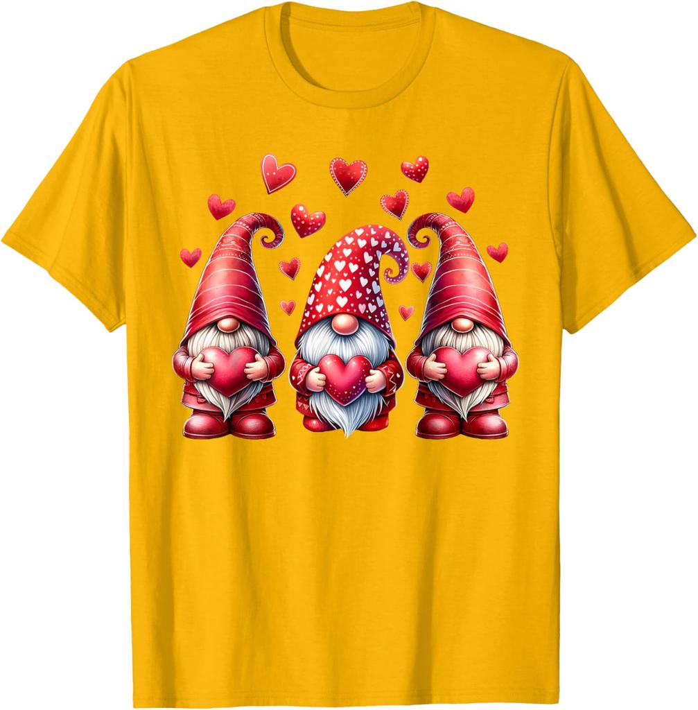 Pink Valentine Gnomes with Hearts Graphic Print Cotton T-Shirt Casual Daily Tee for Women Men