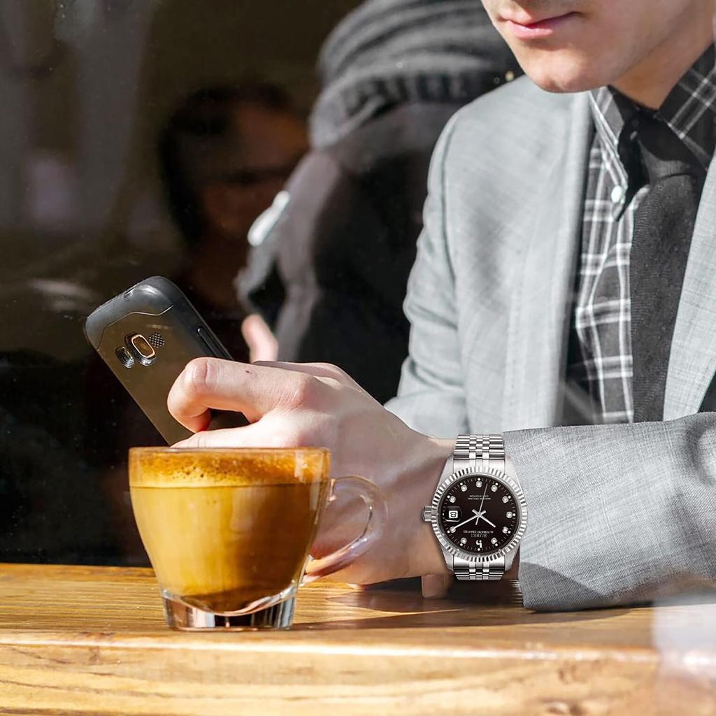 Автоматические механические популярные серебристо-черные часы [BUREI] Мужские часы, водонепроницаемые, аналоговые, дата, часы, мужской бренд, стильные, часы, простые, повседневные,