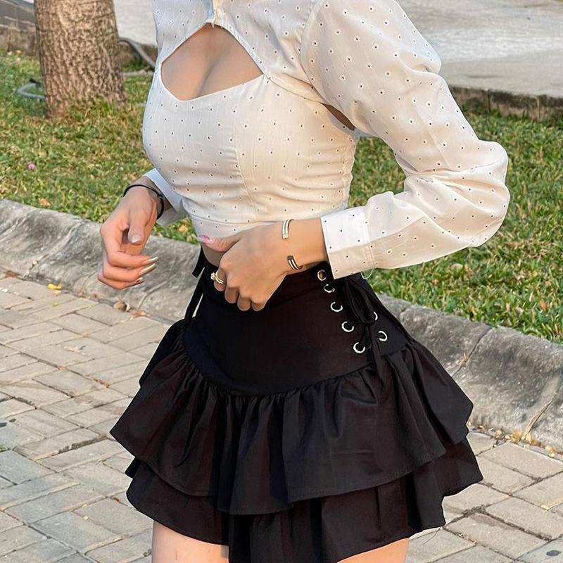 Женская мини-юбка, уличная юбка, женская Harajuku Y2k, плиссированная юбка со шнуровкой и высокой талией, черная готическая панк-клубная юбка