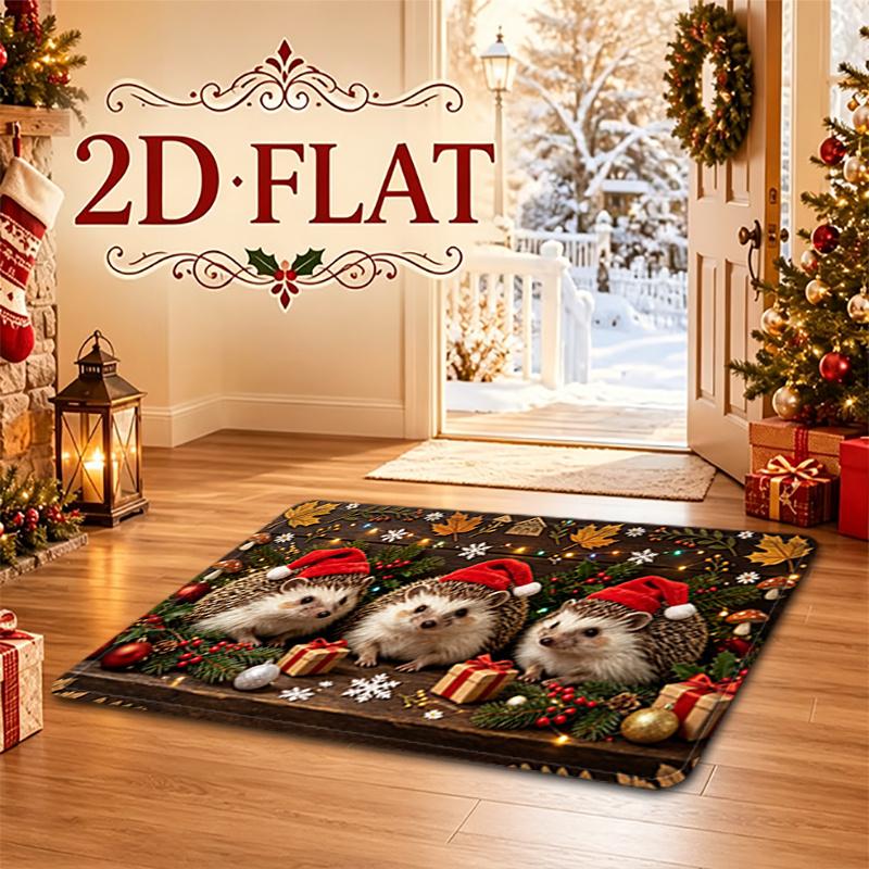 2D Printed Christmas Holiday Decor Mat, 3pcs Cute Hedgehogs with Santa Hats, Fun Washable Non-Slip Base Carpet, Indoor/Outdoor Use, Holiday Gift Home