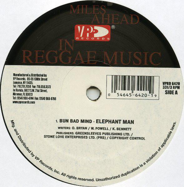 12-дюймовая пластинка ELEPHANT MAN - Bun Bad Mind / Hate Mi VPRD6420 VP Records 2004 США Регги, Ска и Даб Б/У