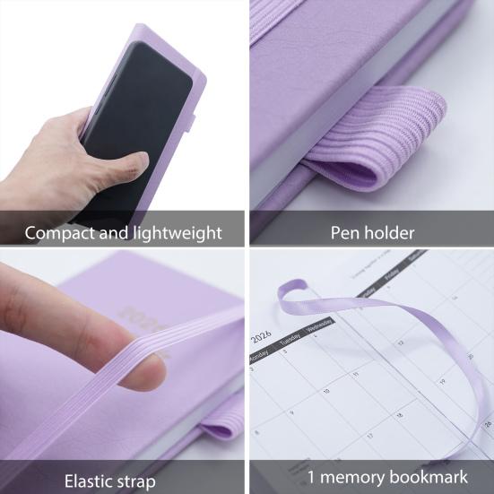 2026 Pocket Planner with Elastic Strap Pen Loop Ribbon Bookmark Weekly Monthly Academic Planner 12 Months Schedule Management Hardcover Notebook