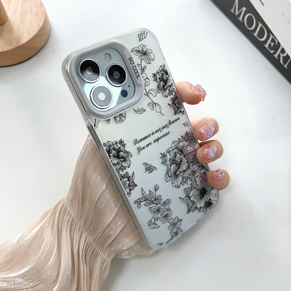 Black Line Flowers Phone Case for iPhone 17 Air 16 15 14 11 Pro Max Plus 13 12 Mini Xs 8 7 Laser Bumper Shockproof Coque Cover
