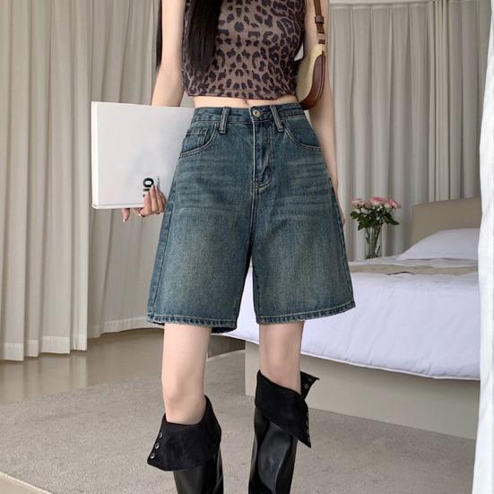 HWomen Denim Shorts High Waist Vintage Washed Straight Wide Leg Pure Color Button Zipper Closure Streetwear Knee Length Jeans Short Pants