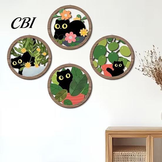 Warm Wood Grain Texture 4PCS Black Cat Wall Sign, with Art, Scratch-Resistant Sun-resistant Hanging Home Decor, Nordic Retro Style for Nursery Bedroom