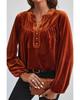 Gold Flame Lantern Sleeve Beaded Split V Neck Velvet Top