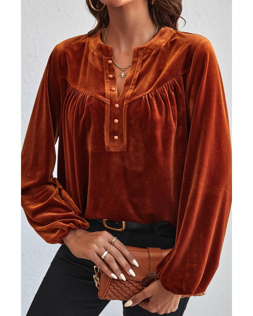 Azura Exchange Gold Flame Lantern Sleeve Beaded Split V Neck Velvet Top