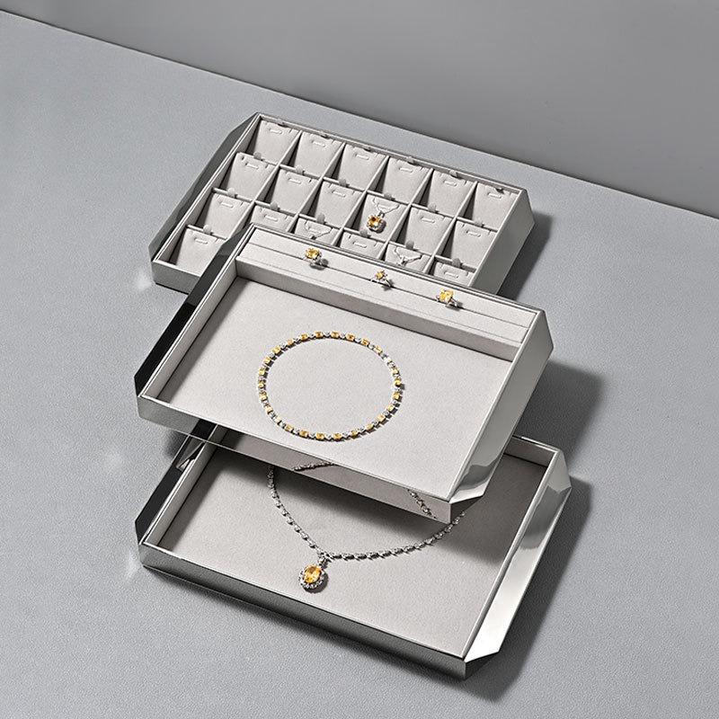 Luxury Bright Silver Metal Jewelry Display Tray, Microfiber Base Ring Earring Necklace Showcase Plate