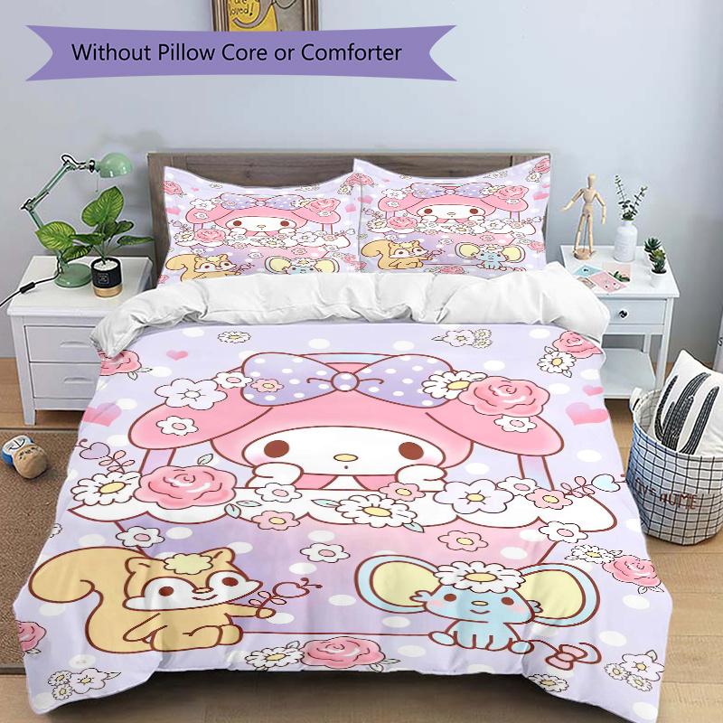 3 шт. Комплект постельного белья с рисунком My Melody и маленьких животных, 1* Пододеяльник + 2* Наволочки, Печатный комплект постельного белья, Мягкий и удобный. W068
