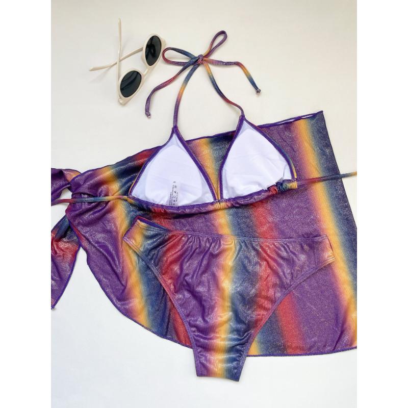 Sexy Swimsuit Women's Summer Gradient Color Bikini Three-piece Lace-up Bandage Monokini Beach Wear Hollow Out