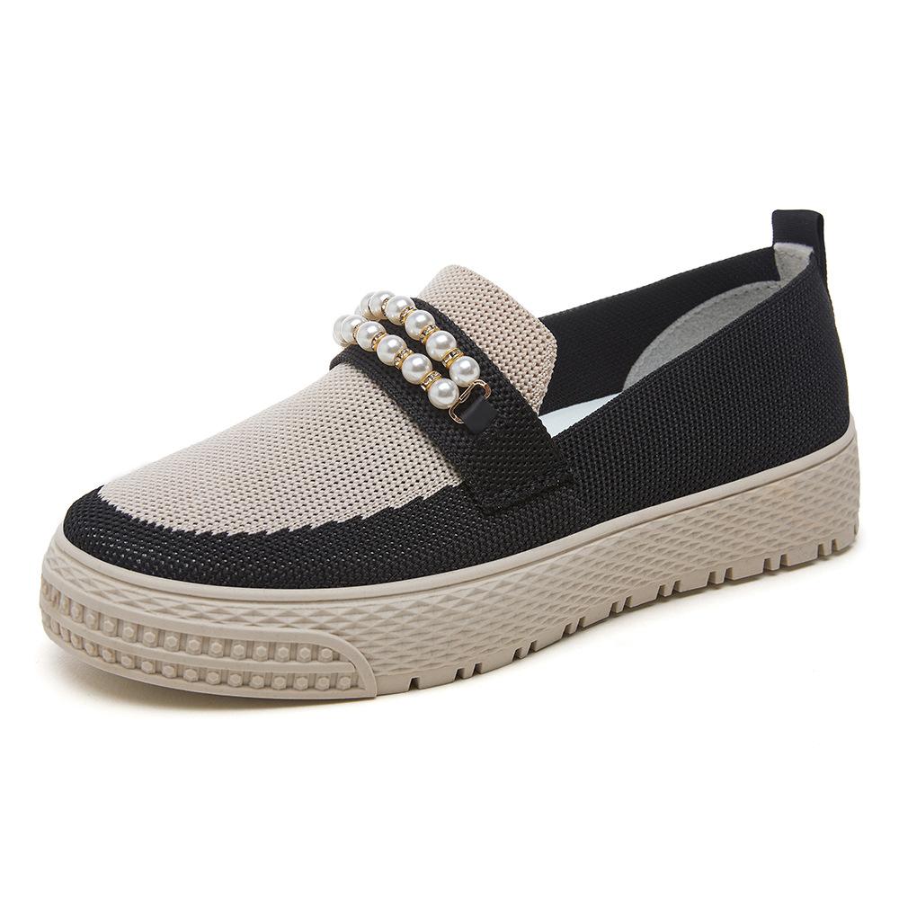 Женские туфли на плоской подошве из дышащей сетки с жемчужной пряжкой-цепочкой Нескользящие прогулочные туфли Повседневные модельные туфли Женские лоферы с круглым носком Удобная обувь на плоской подошве